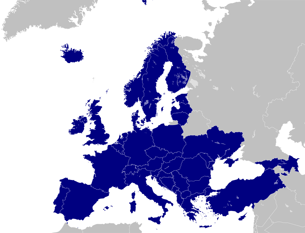 A map of Europe which highlights all CEPT member states in blue.