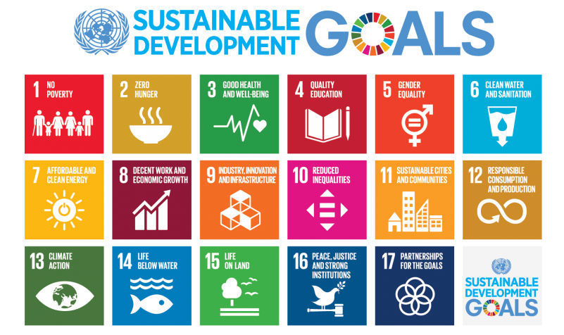 A colourful graphic showing all 17 sustainable development goals (SDGs) from the UN.